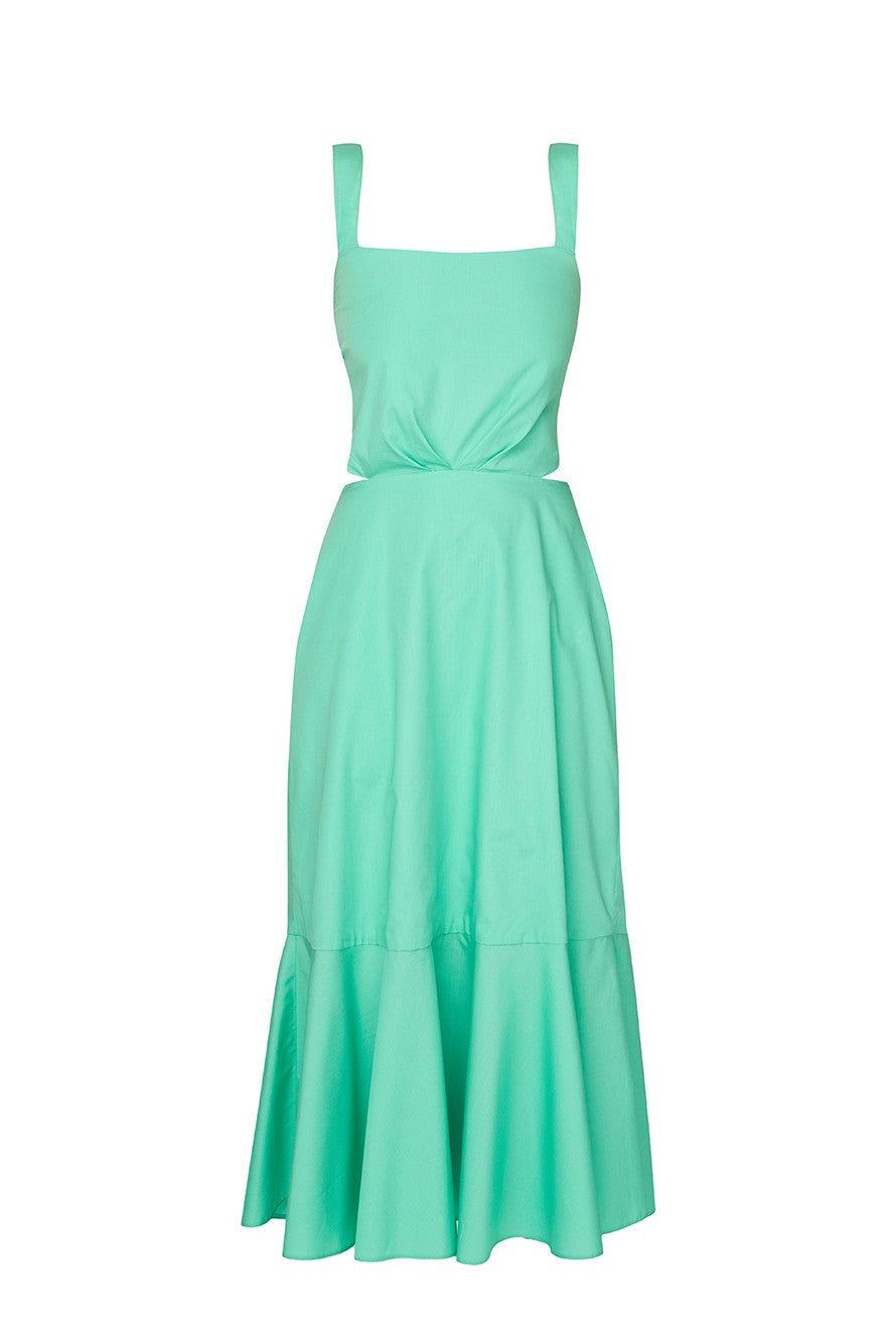 Green Cotton Blend Midi Dress With Bow