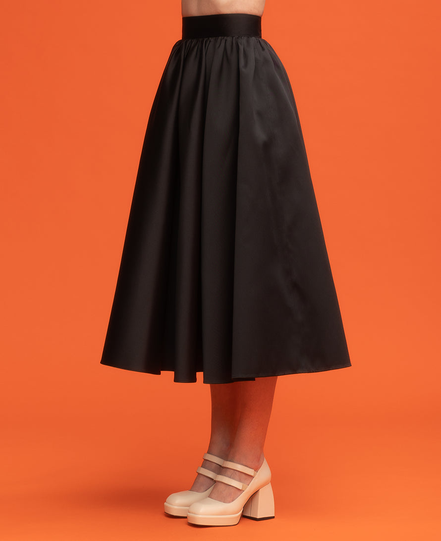 Black silk shantung midi skirt