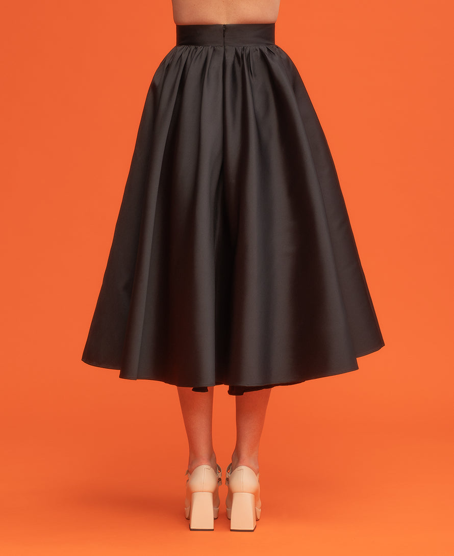 Black silk shantung midi skirt