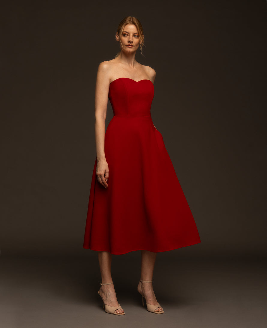 Grace red strapless crepe midi dress