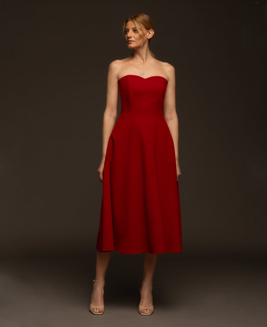 Grace red strapless crepe midi dress
