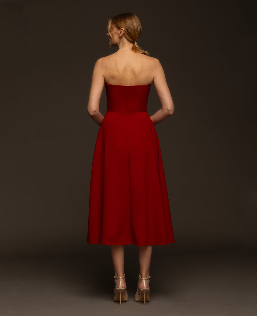 Grace red strapless crepe midi dress