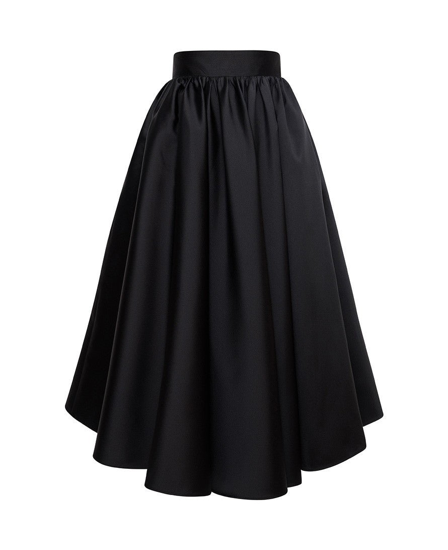Black silk shantung midi skirt