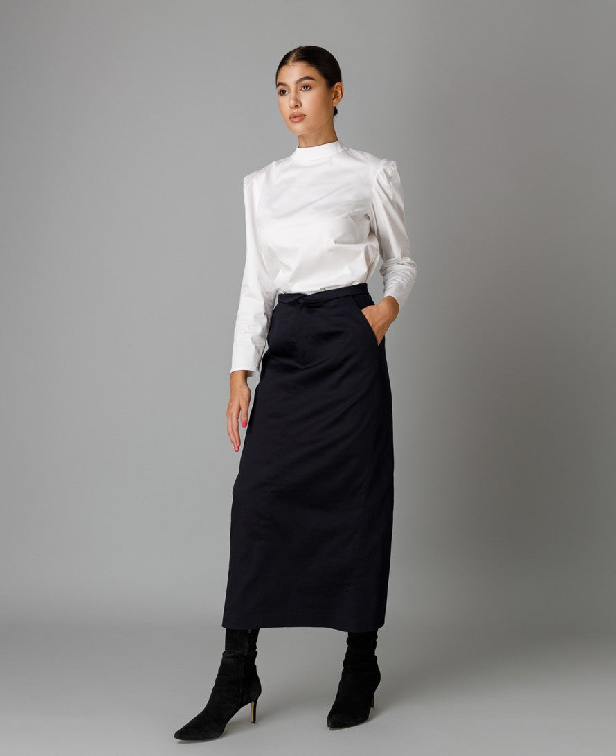 Navy Wool Midi Skirt