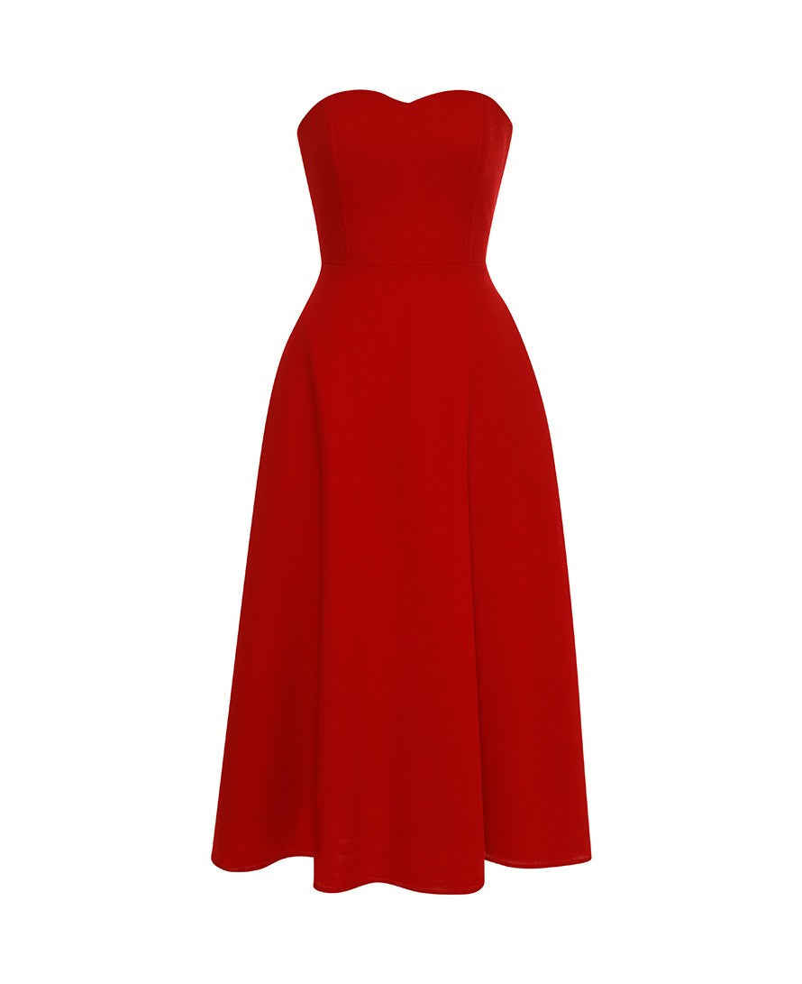 Grace red strapless crepe midi dress