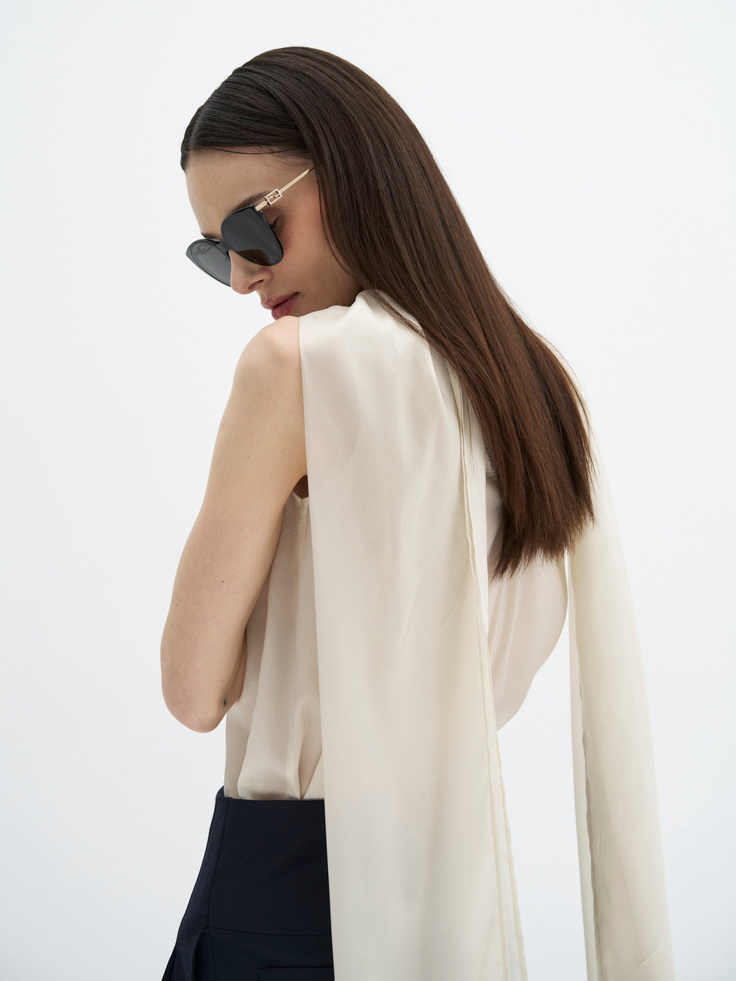 ivory semi sheer blouse with scarf detail