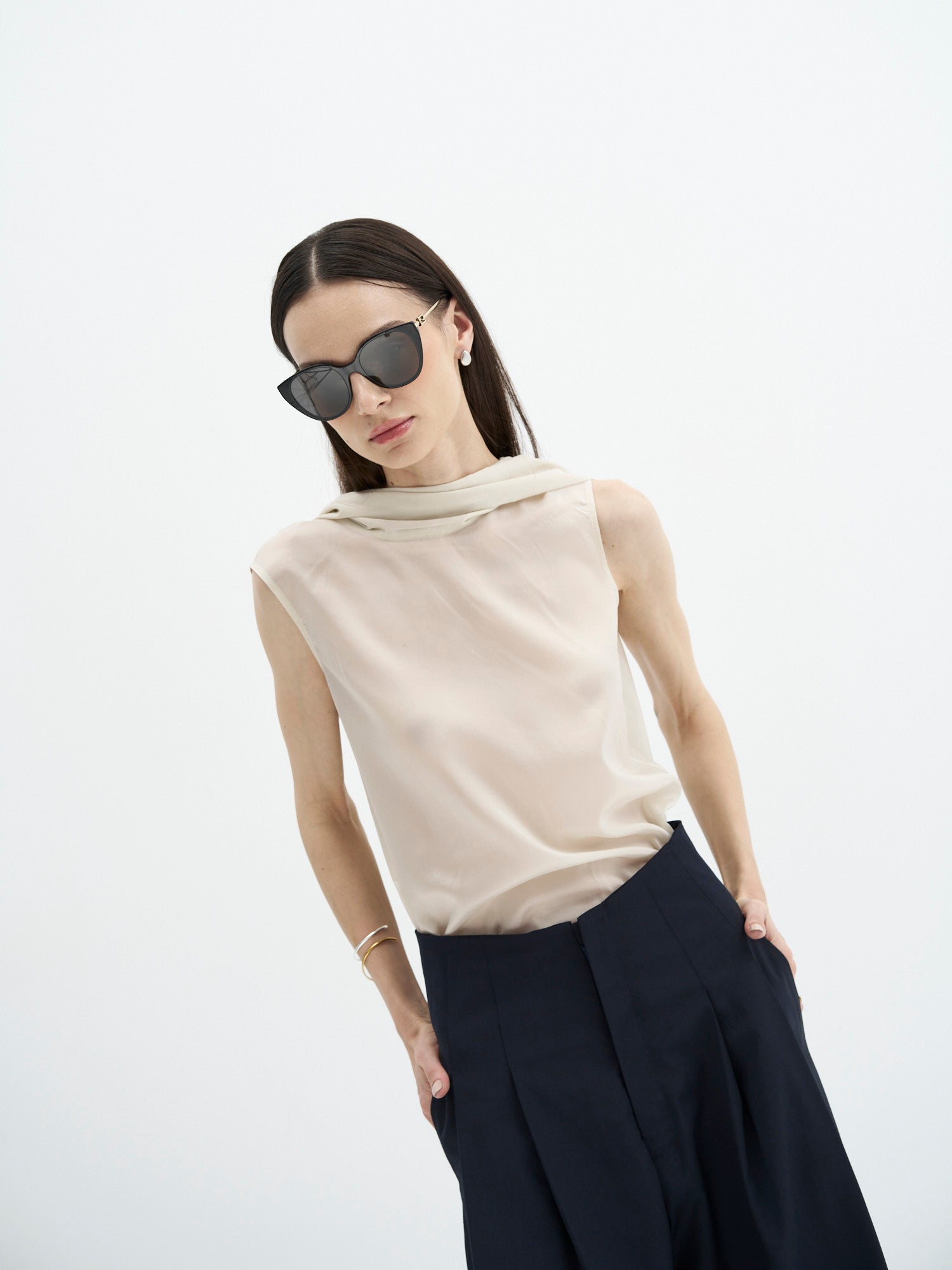 ivory semi sheer blouse with scarf detail