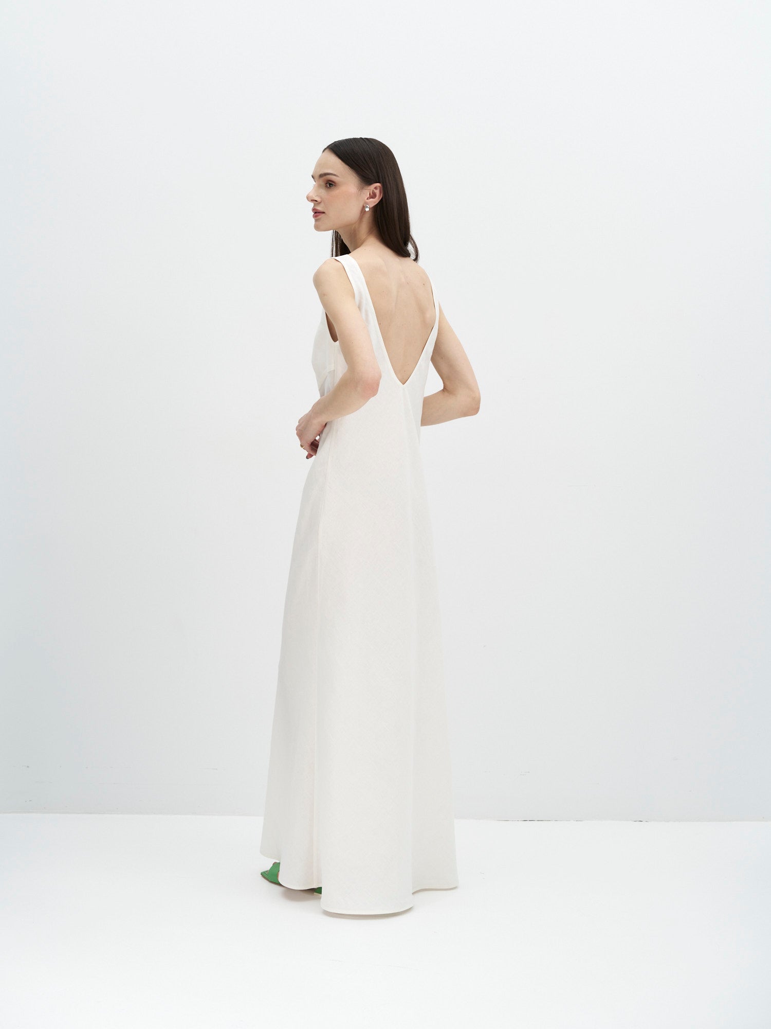 ivory bias cut linen dress with open back