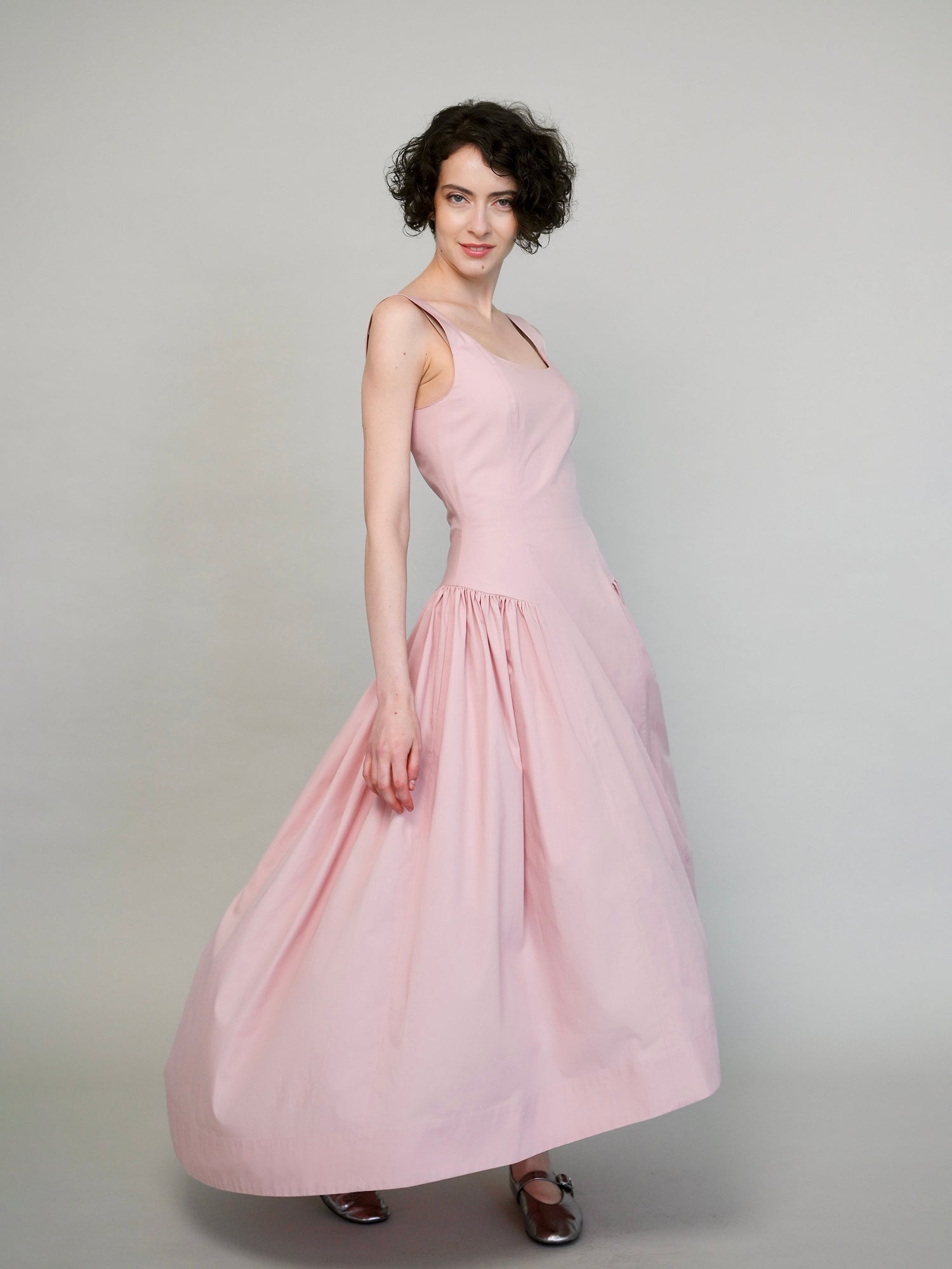 Powder rose cotton dress with asymmetrical hem