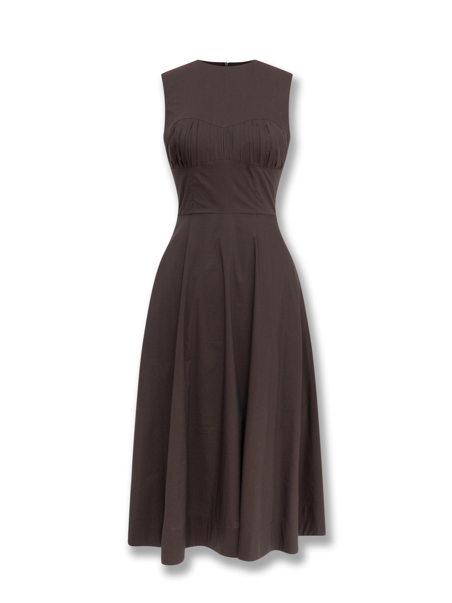 Dark brown fine cotton dress with pleated detail