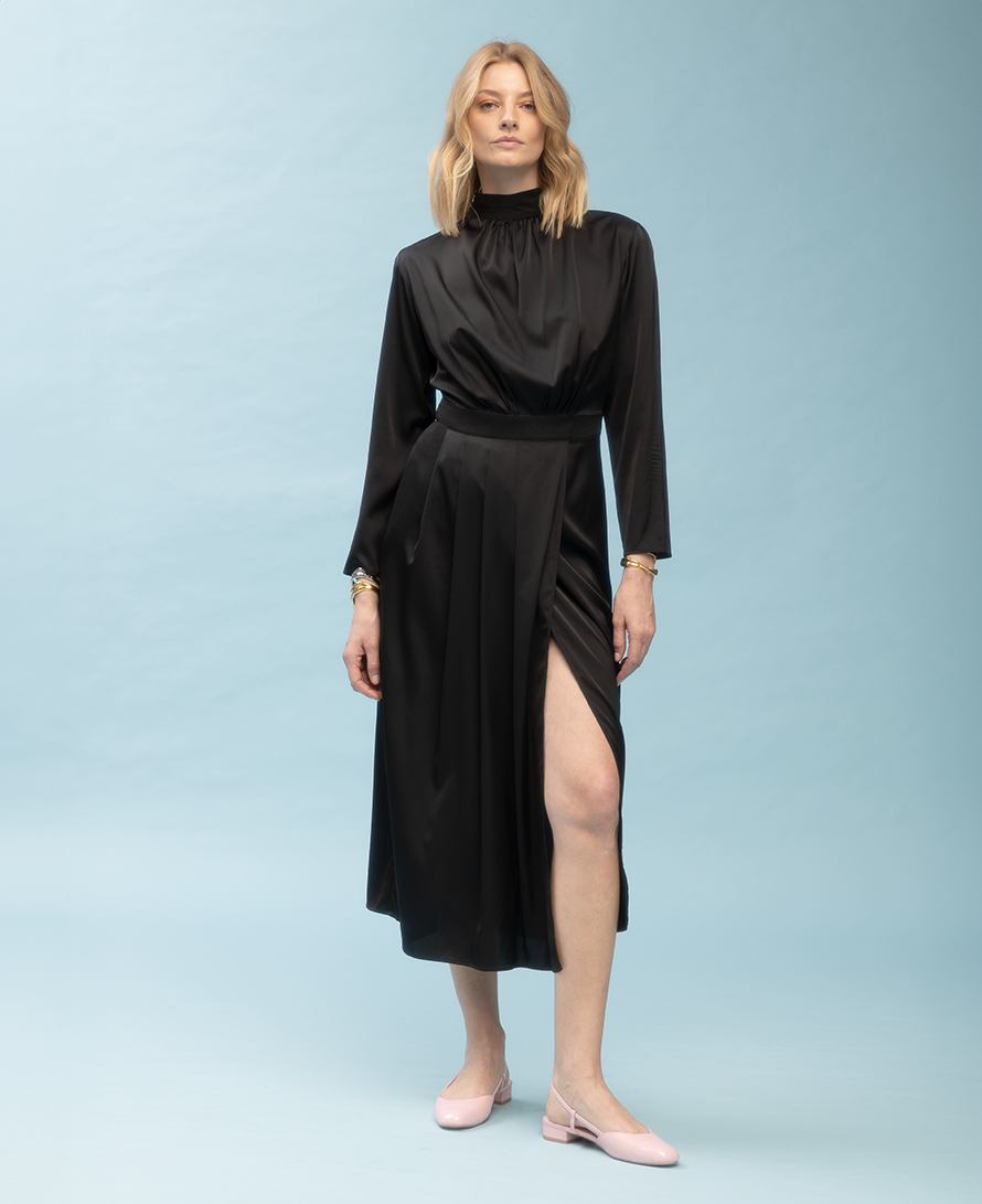 Silk drape detail on wrap-effect midi dress