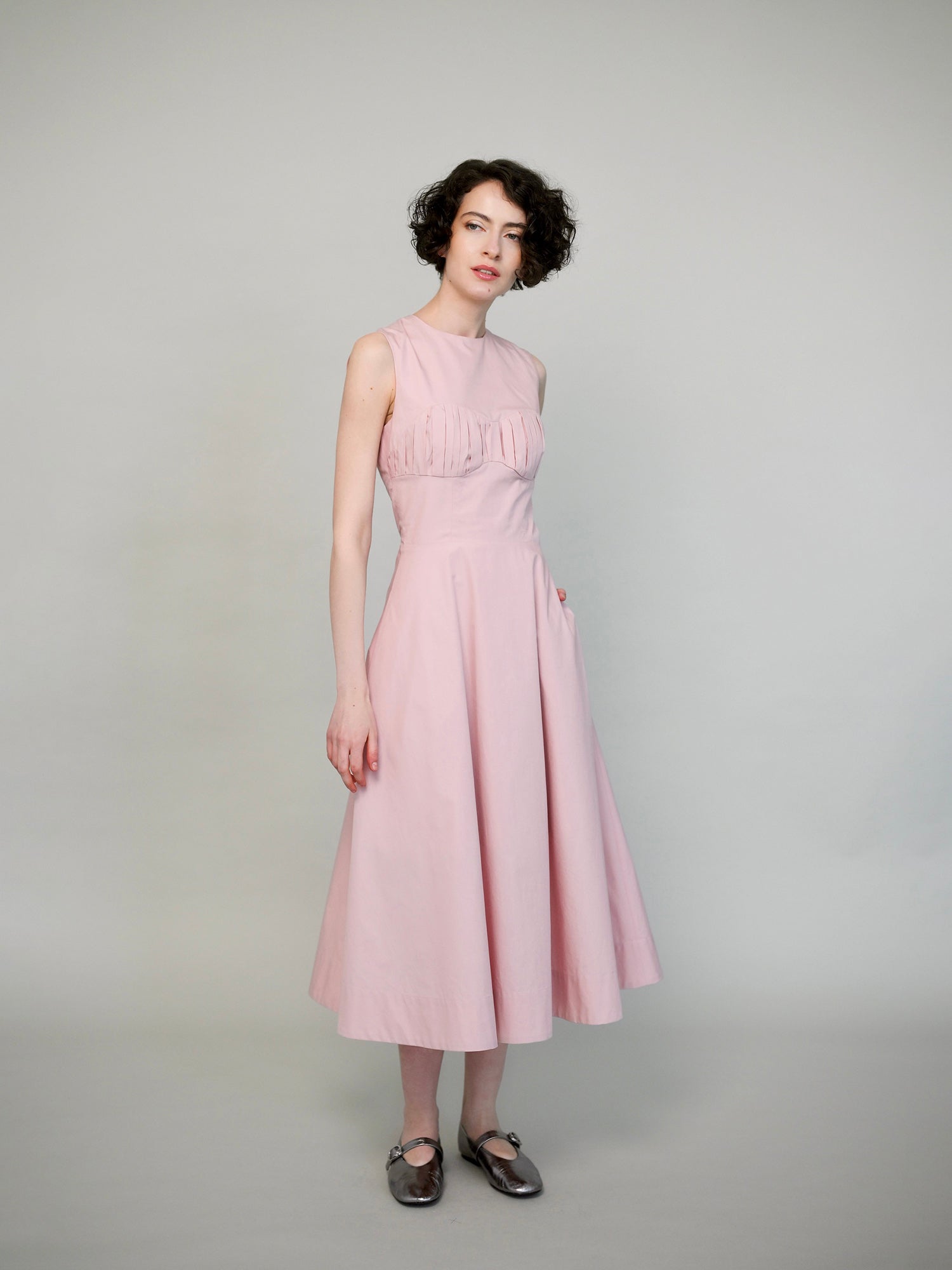 Powder rose fine cotton midi dress with pleated detail