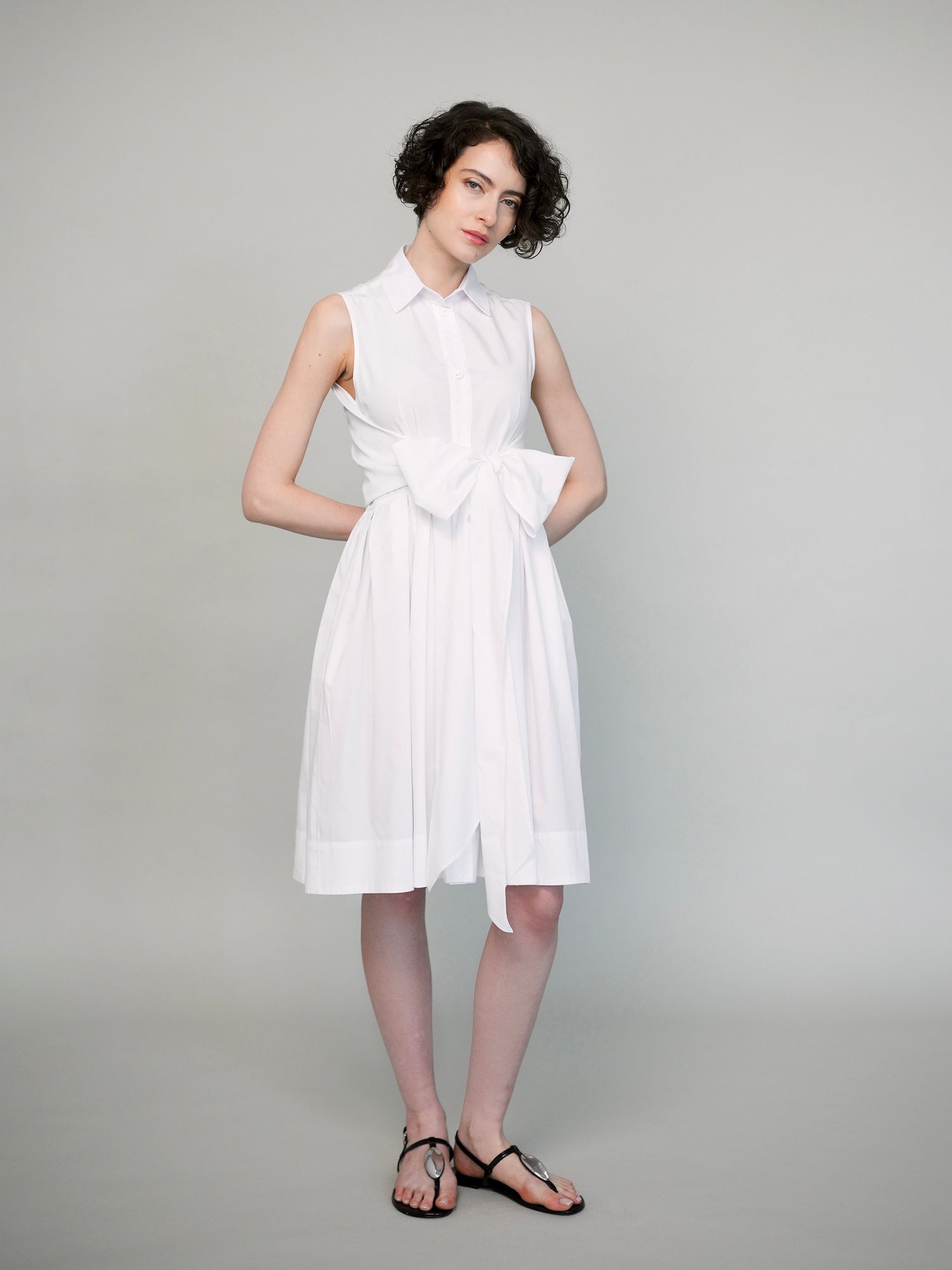Clara Sleeveless Shirt Dress with Bow – Pure White