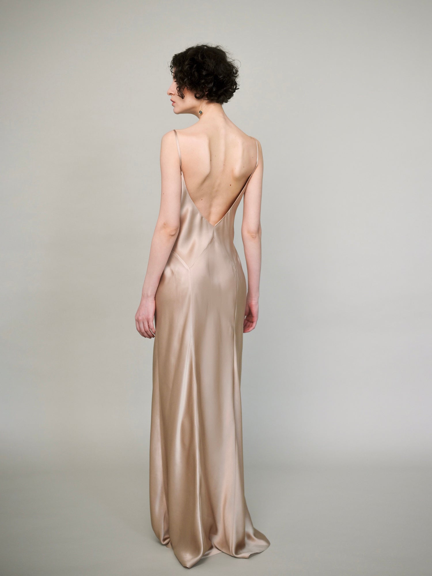 Champagne natural silk gown with open back and fine straps