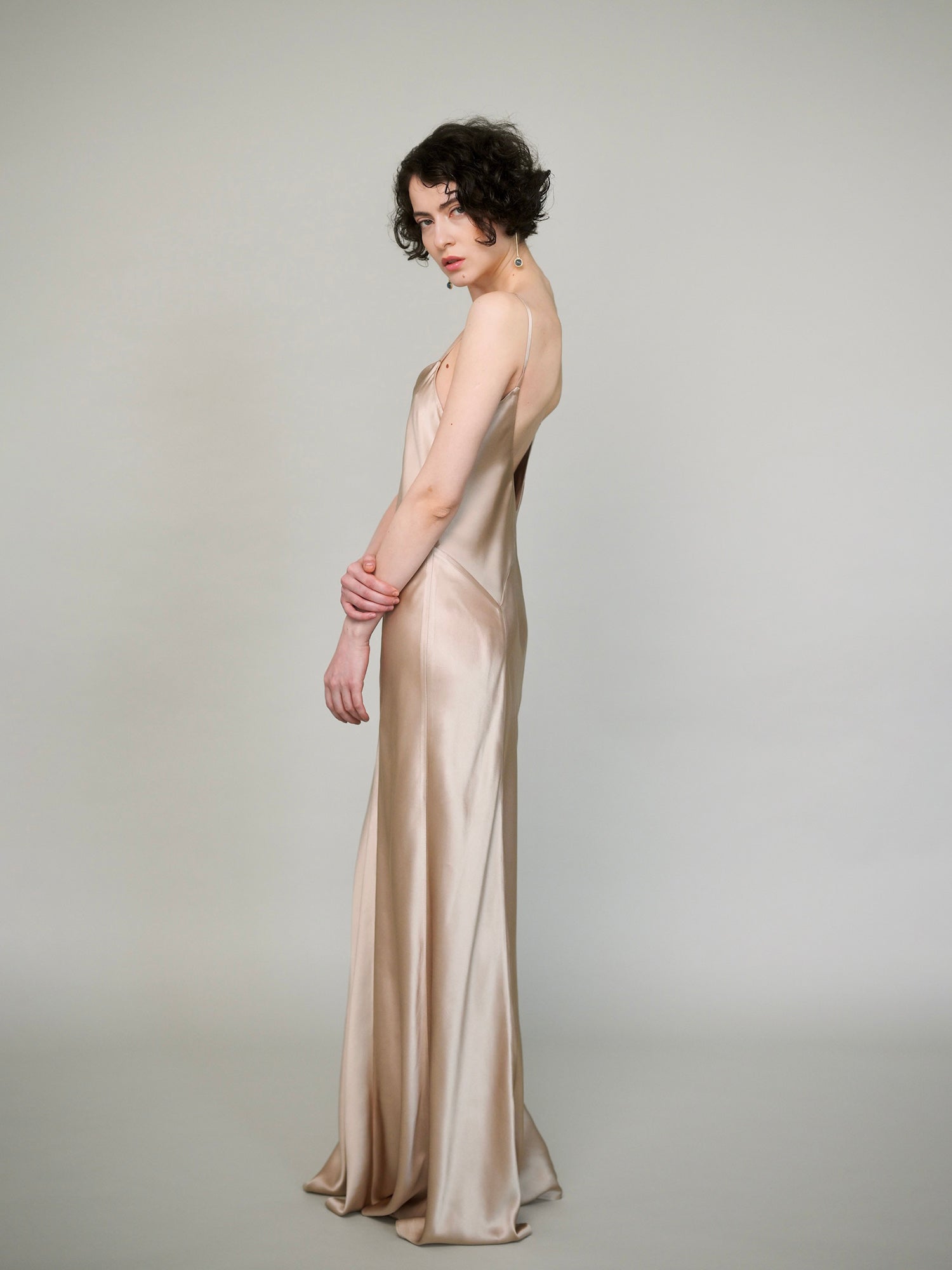 Champagne natural silk gown with open back and fine straps