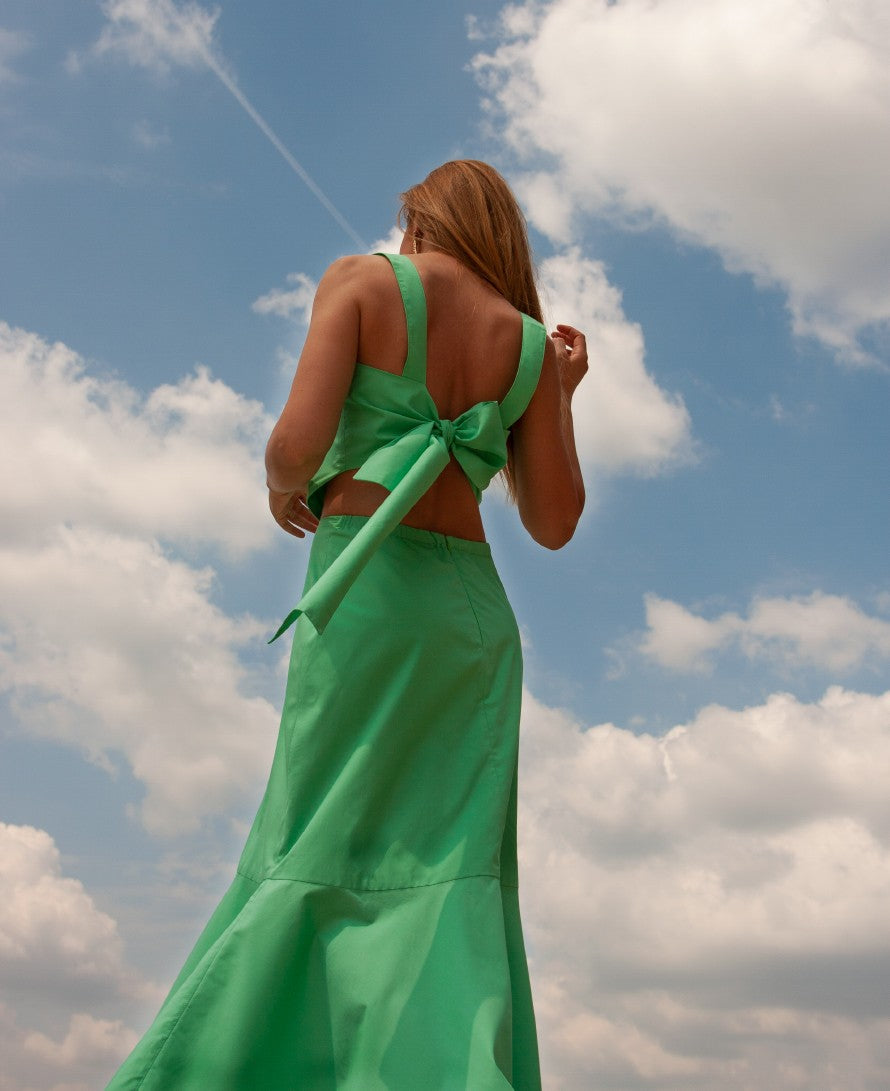 Green Cotton Blend Midi Dress With Bow