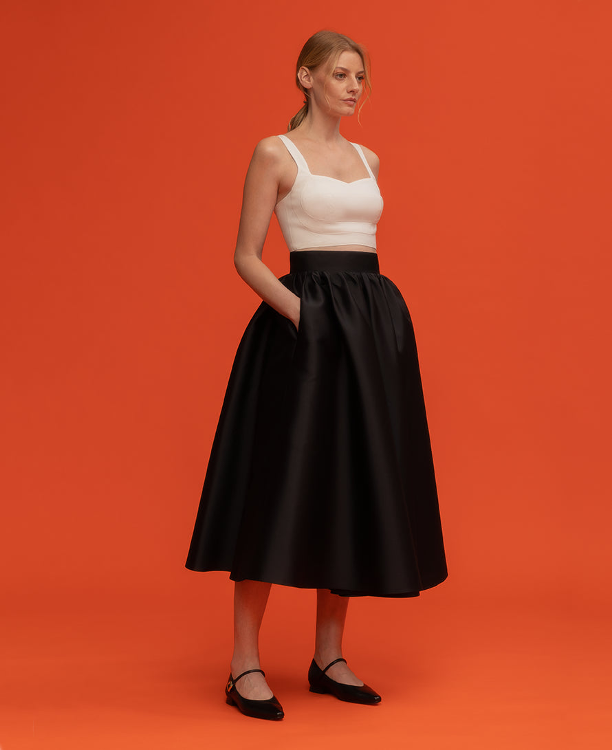 Black silk shantung midi skirt