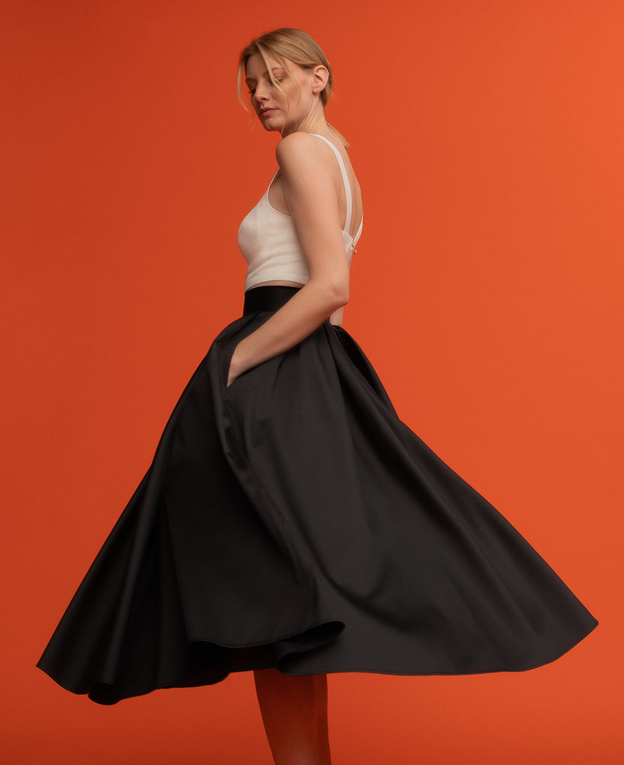 Black silk shantung midi skirt