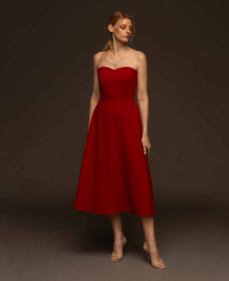 Grace red strapless crepe midi dress