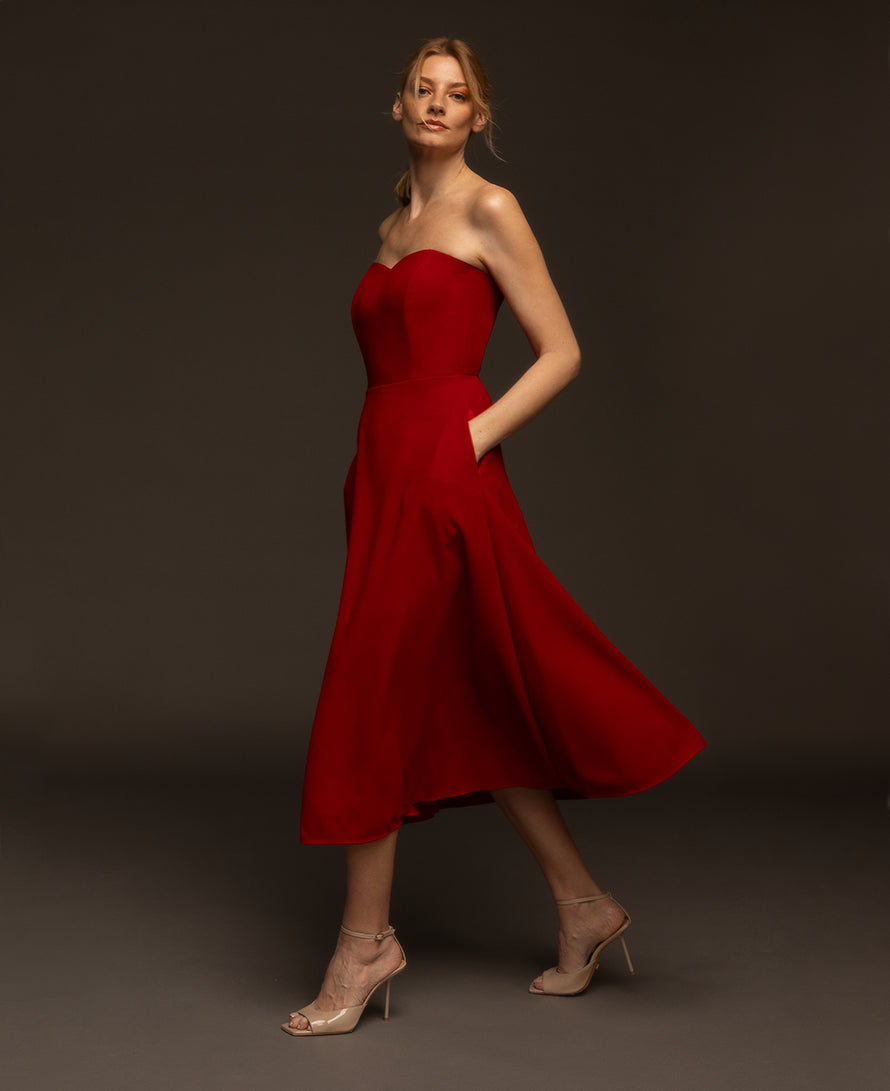 Grace red strapless crepe midi dress
