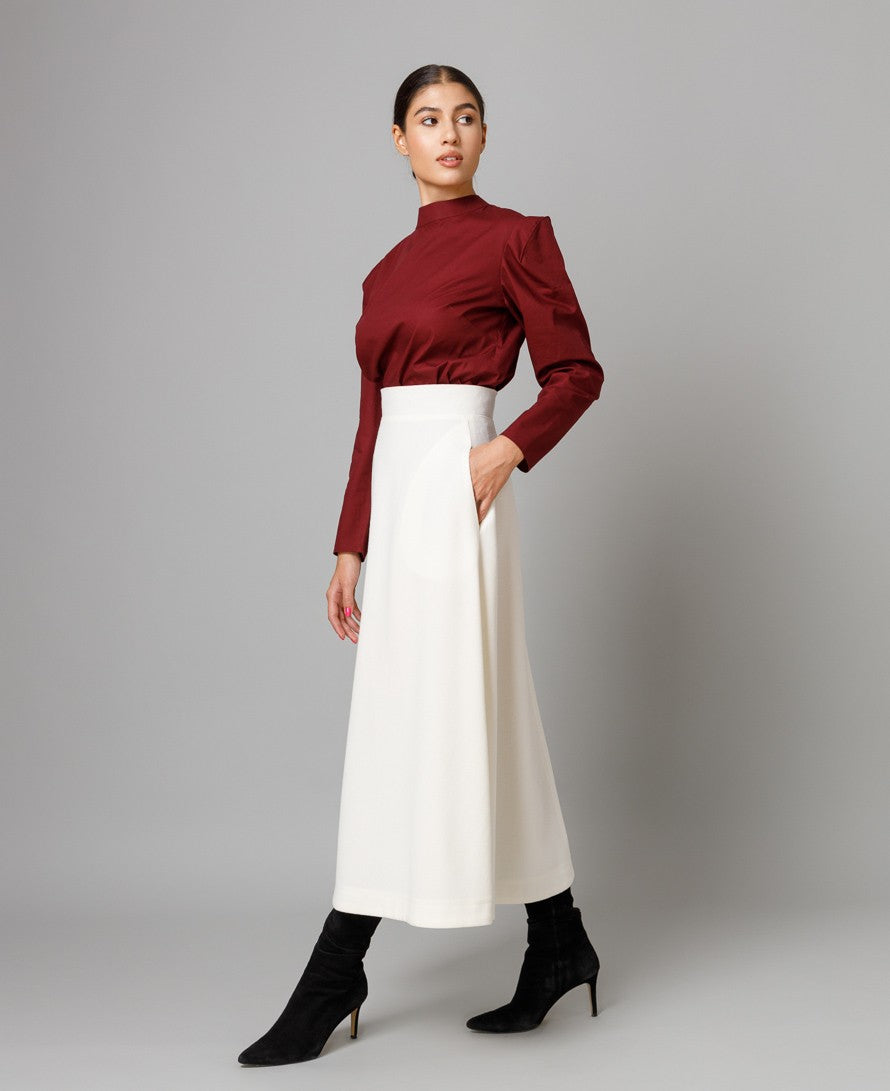 Ivory Wool Crepe Midi Skirt