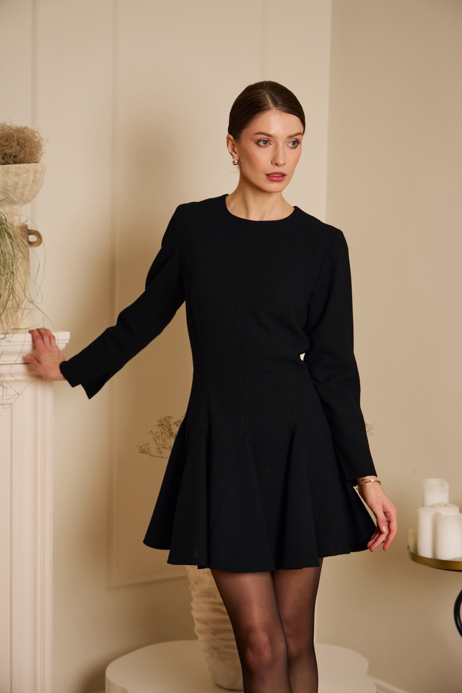Black Paneled Wool-crepe Mini Dress