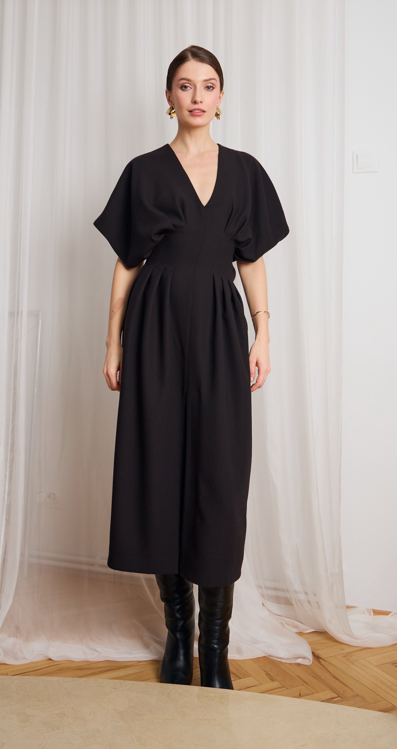 Dark chocolate brown wool crepe pleated midi dress