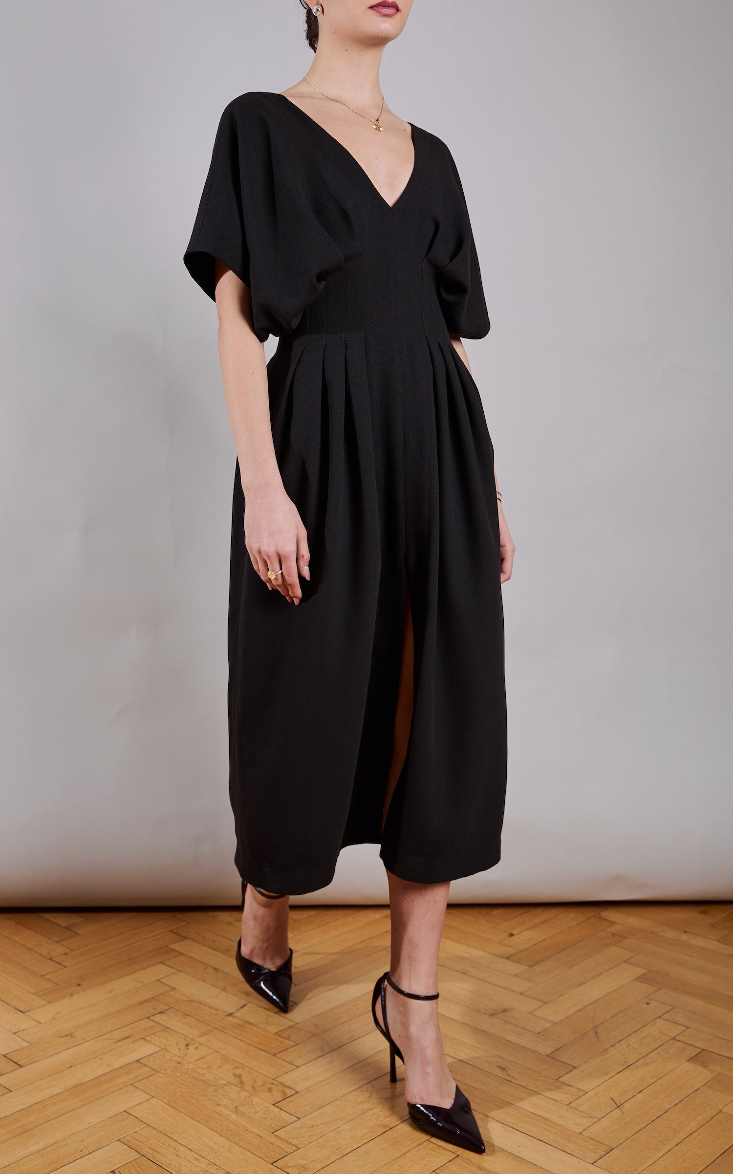 Dark chocolate brown wool crepe pleated midi dress