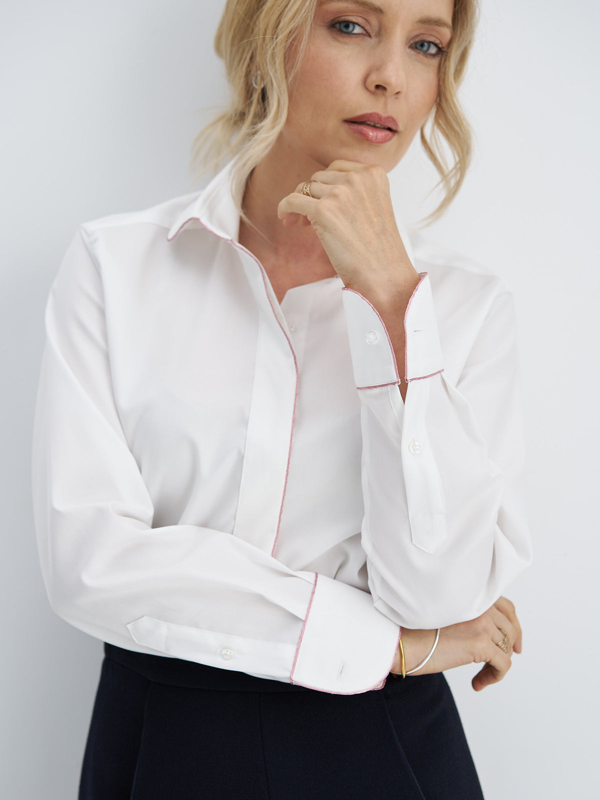 Camille White Cotton Shirt with Pink Piping