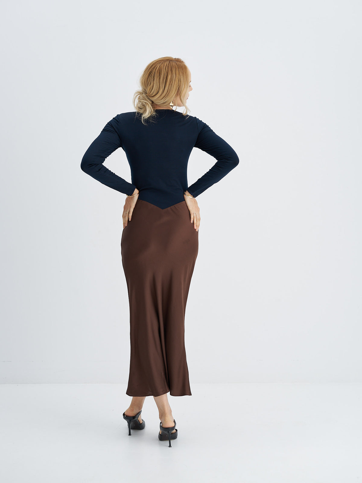 Back view of long-sleeved midi dress with a pointed waist seam and gently flared silk hem