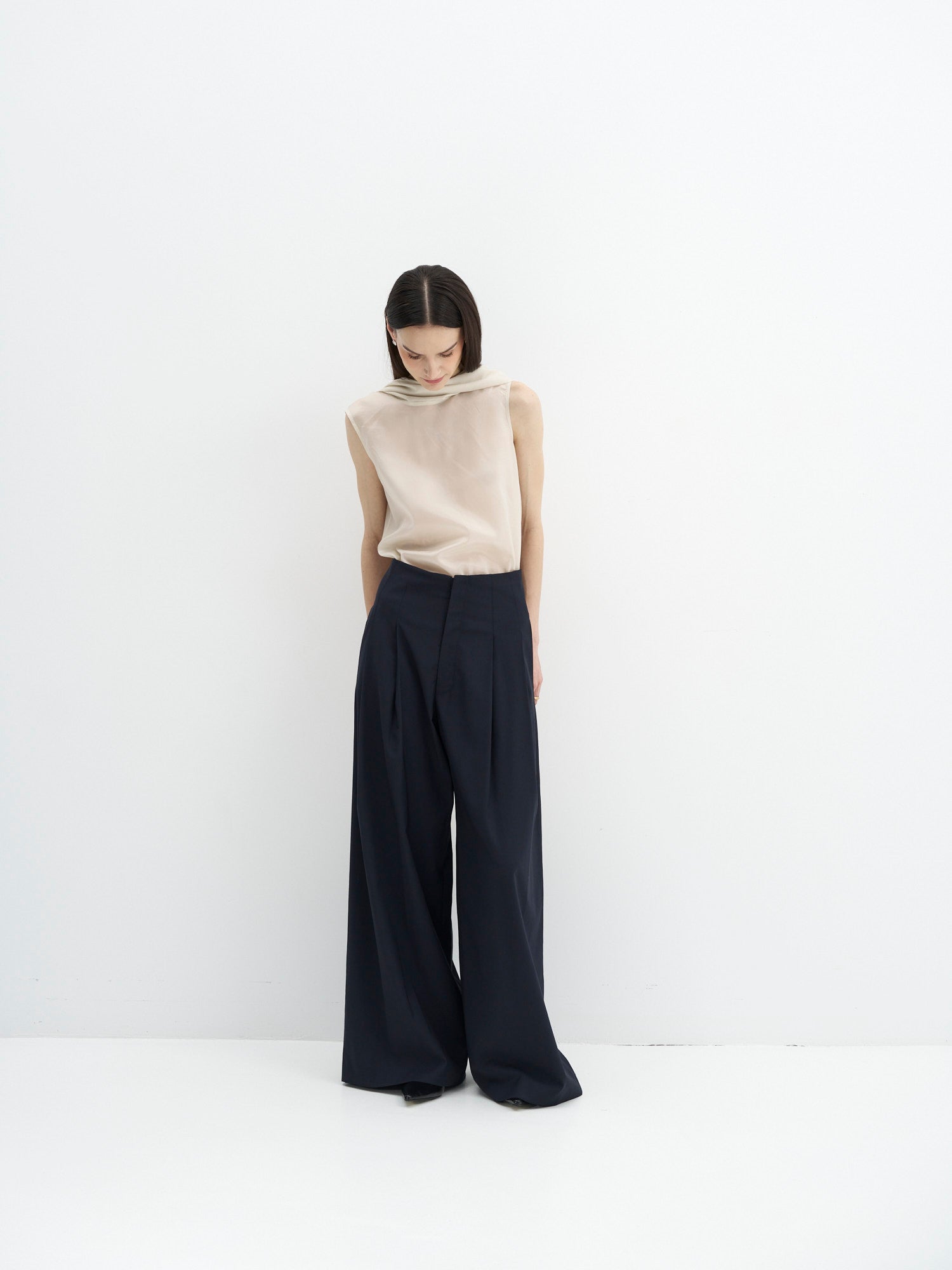 Navy Pleated Wide Leg Trousers