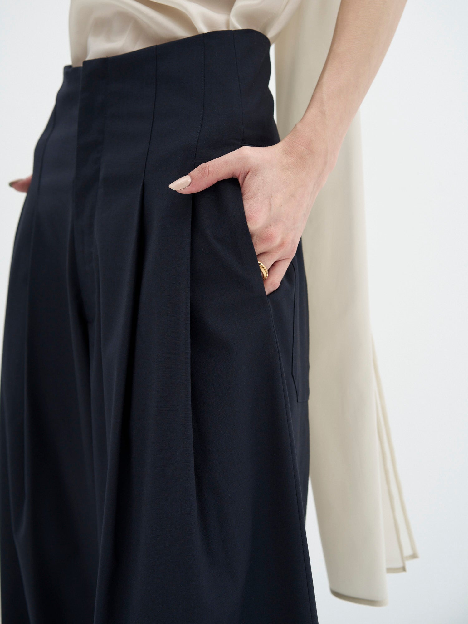 Navy Pleated Wide Leg Trousers