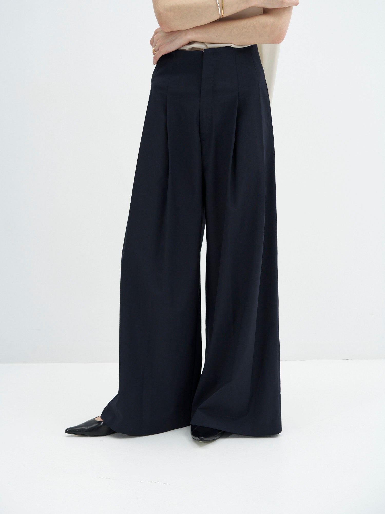 Navy Pleated Wide Leg Trousers