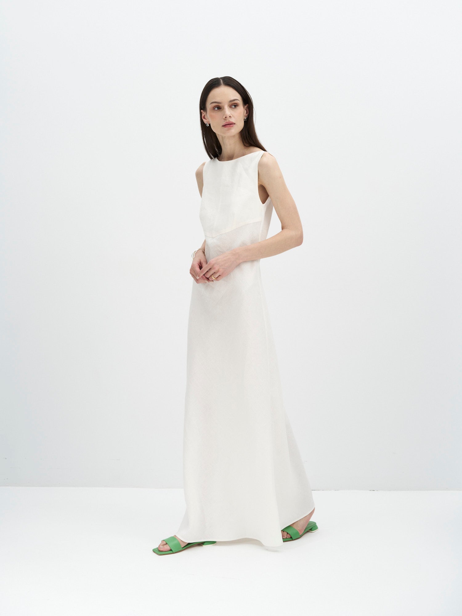 ivory boat neck linen dress with fluid silhouette