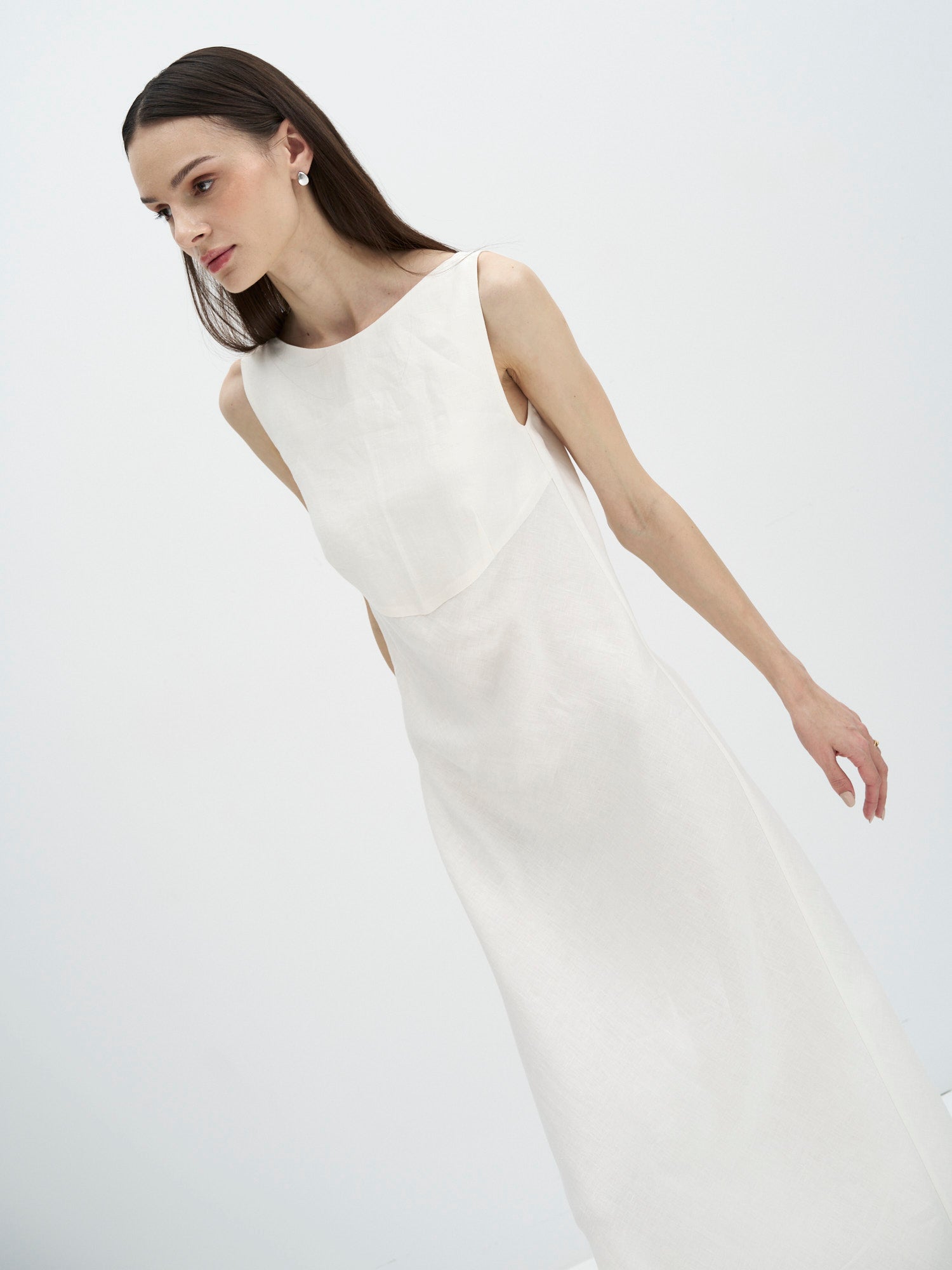 ivory boat neck linen dress with fluid silhouette