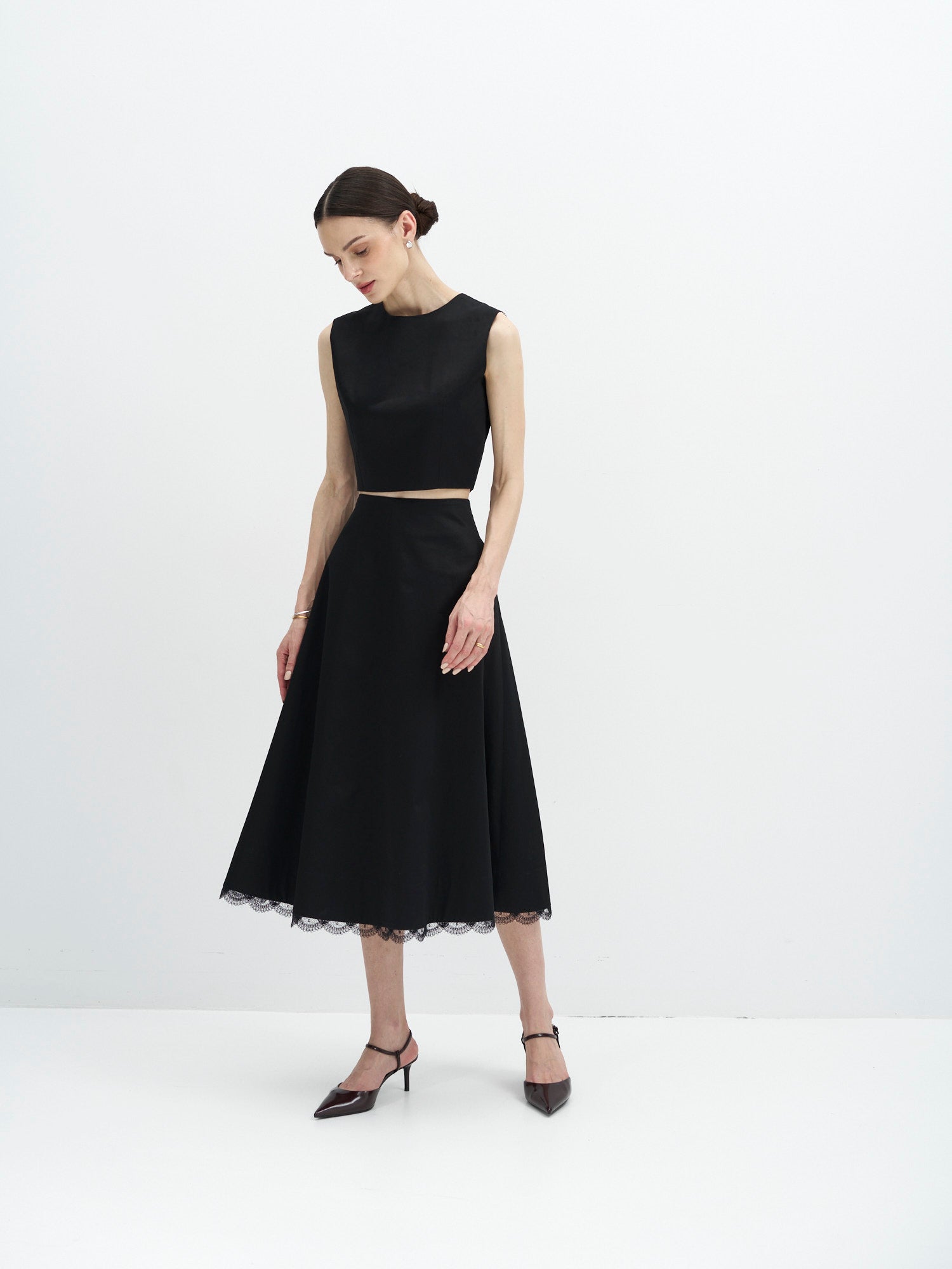 Black Cotton A-Line Midi Skirt with Lace Hem