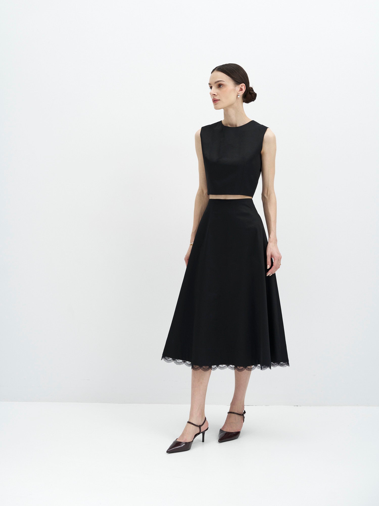 Black Cotton A-Line Midi Skirt with Lace Hem