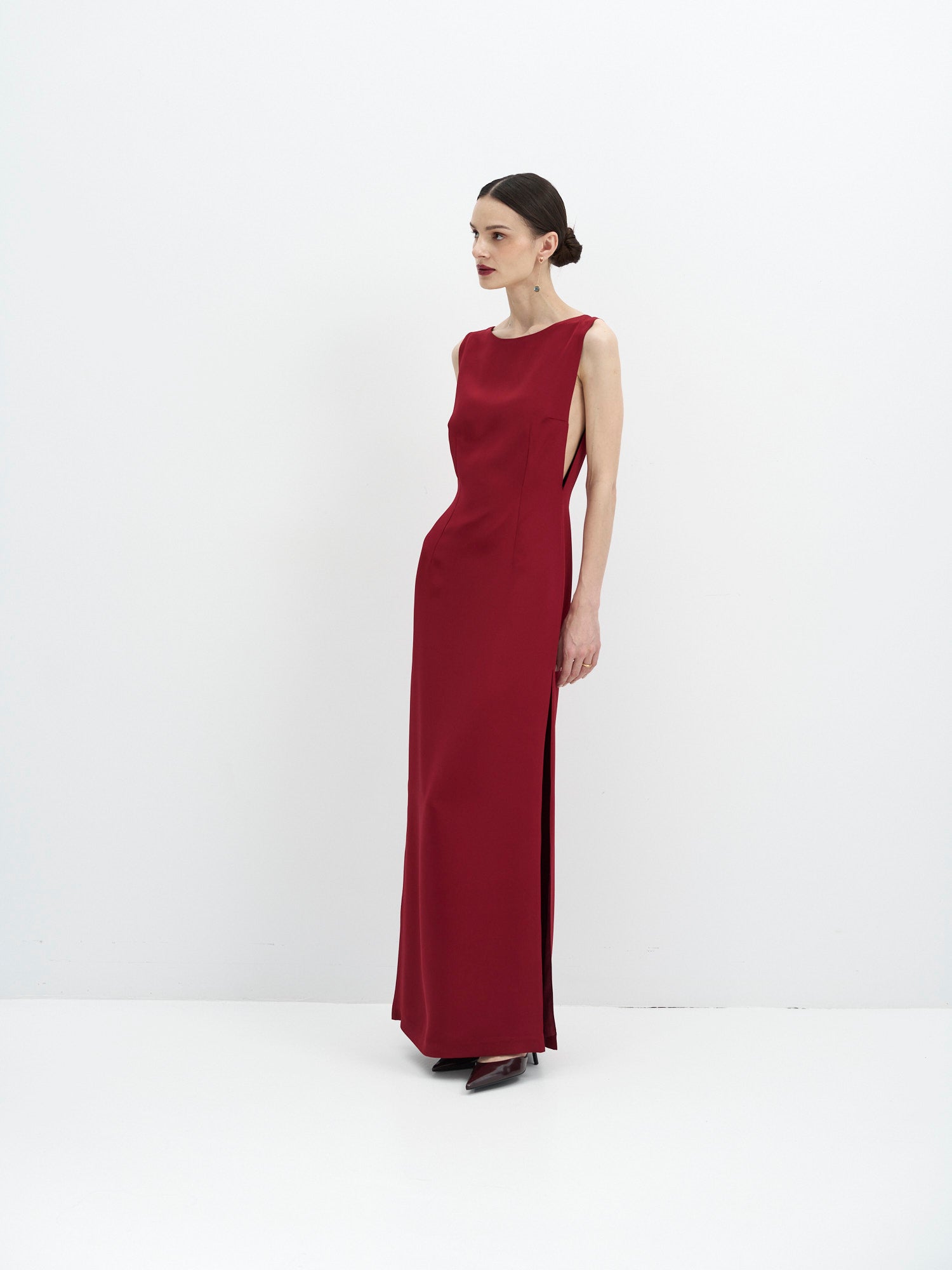 Red Silk Crepe Cady Dress with Side Cutouts