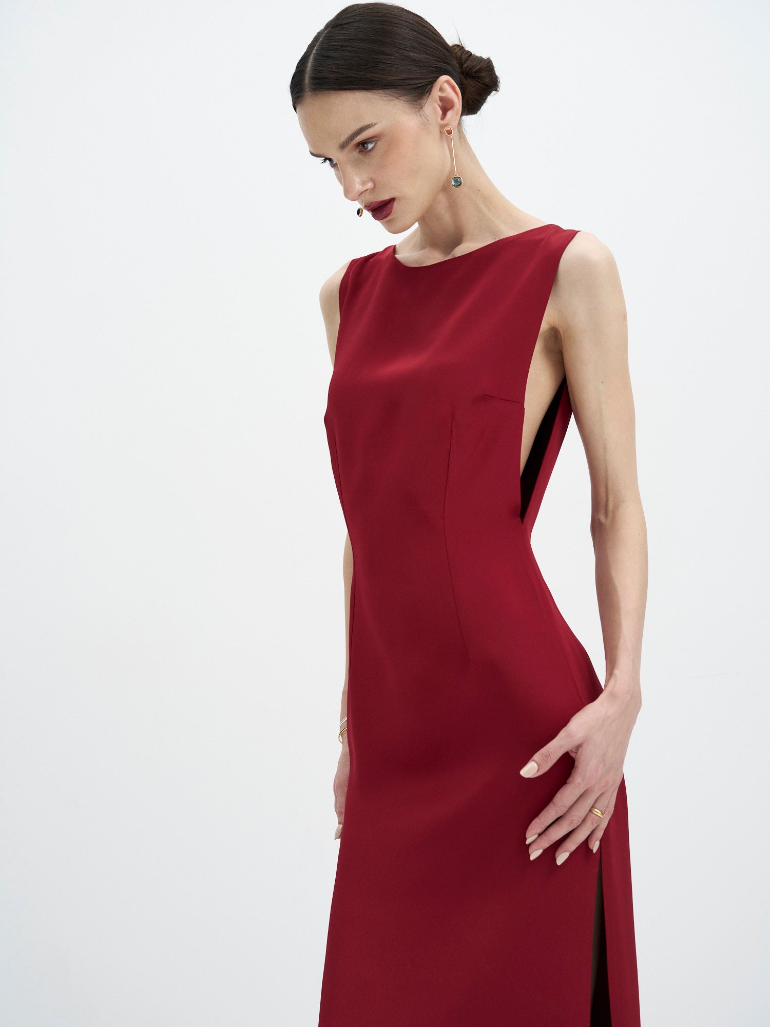 Red Silk Crepe Cady Dress with Side Cutouts