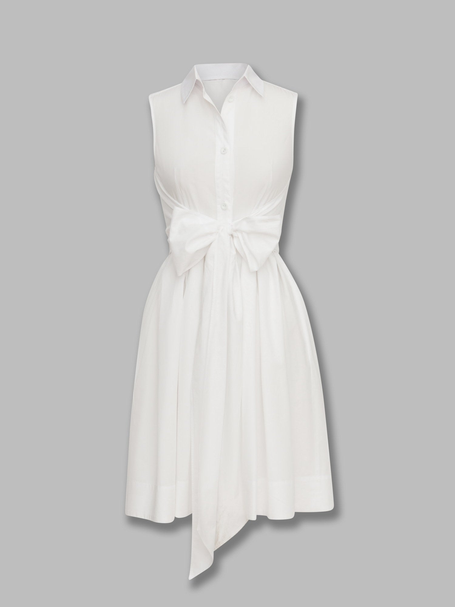 Clara Sleeveless Shirt Dress with Bow – Pure White