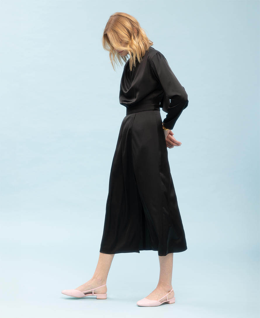 Silk drape detail on wrap-effect midi dress