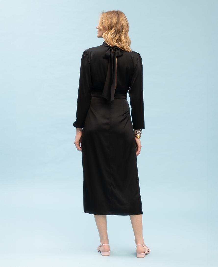 Back bow/scarf detail on black silk dress