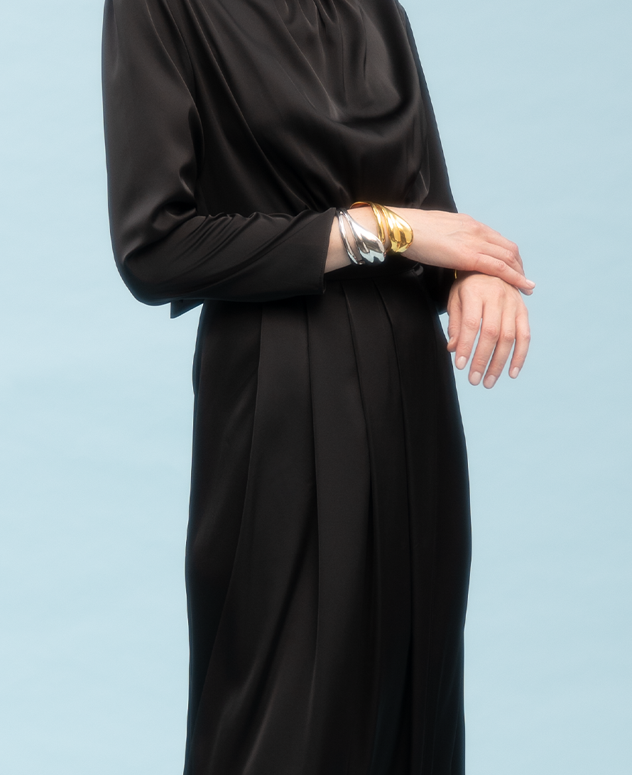 Black silk midi dress with wrap-effect drape