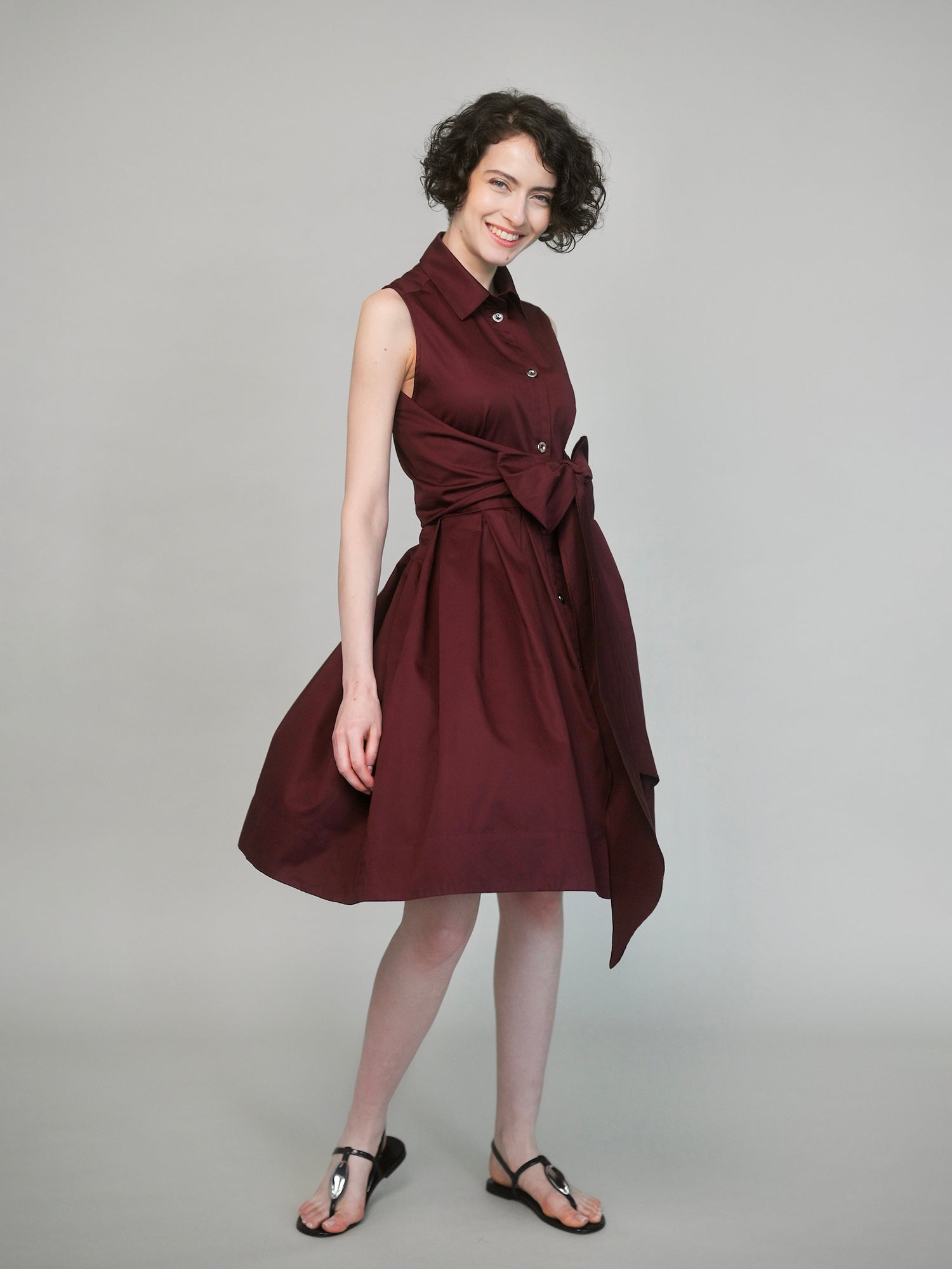 Clara Sleeveless Shirt Dress with Bow – Deep Burgundy