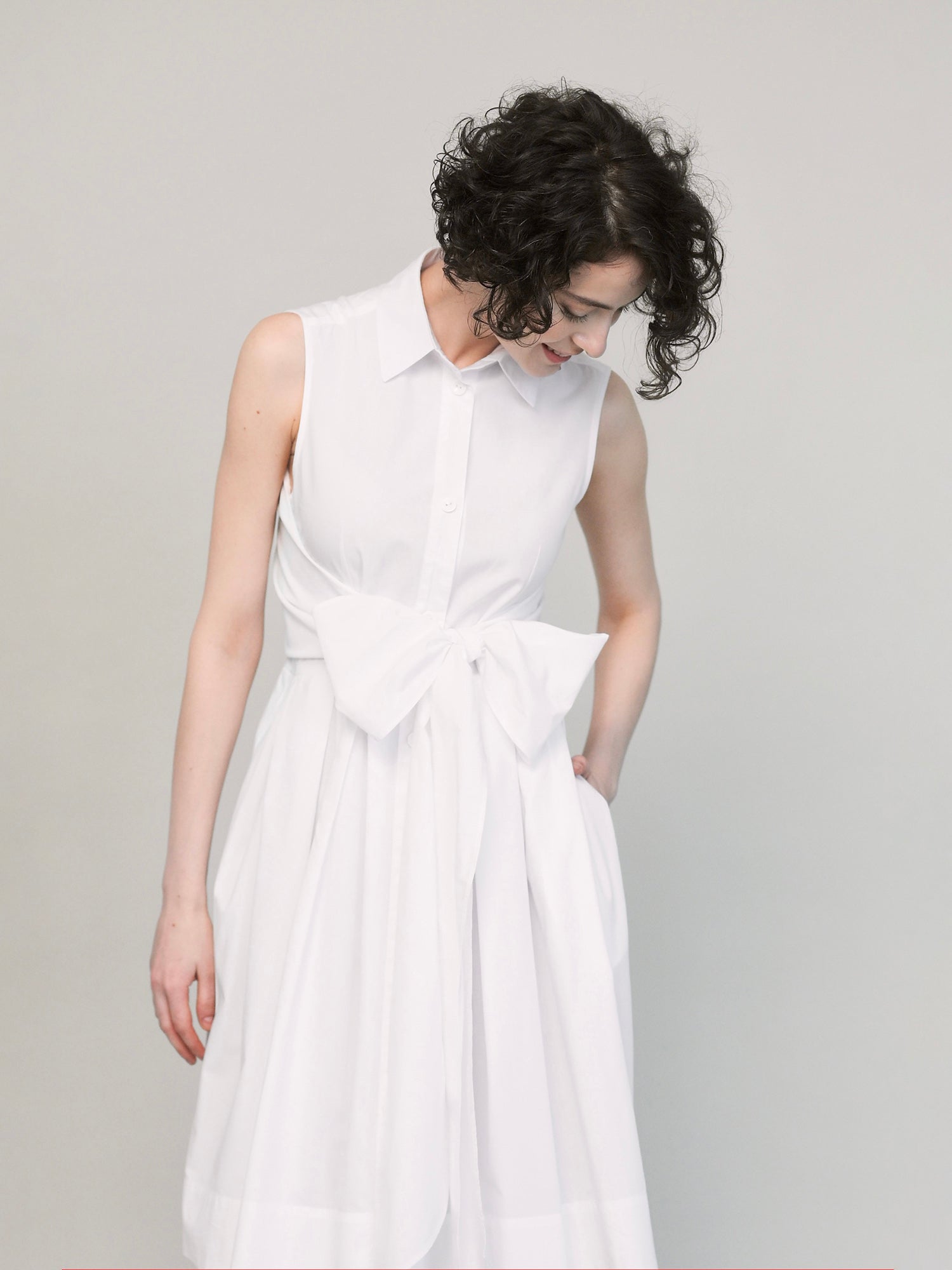 Clara Sleeveless Shirt Dress with Bow – Pure White