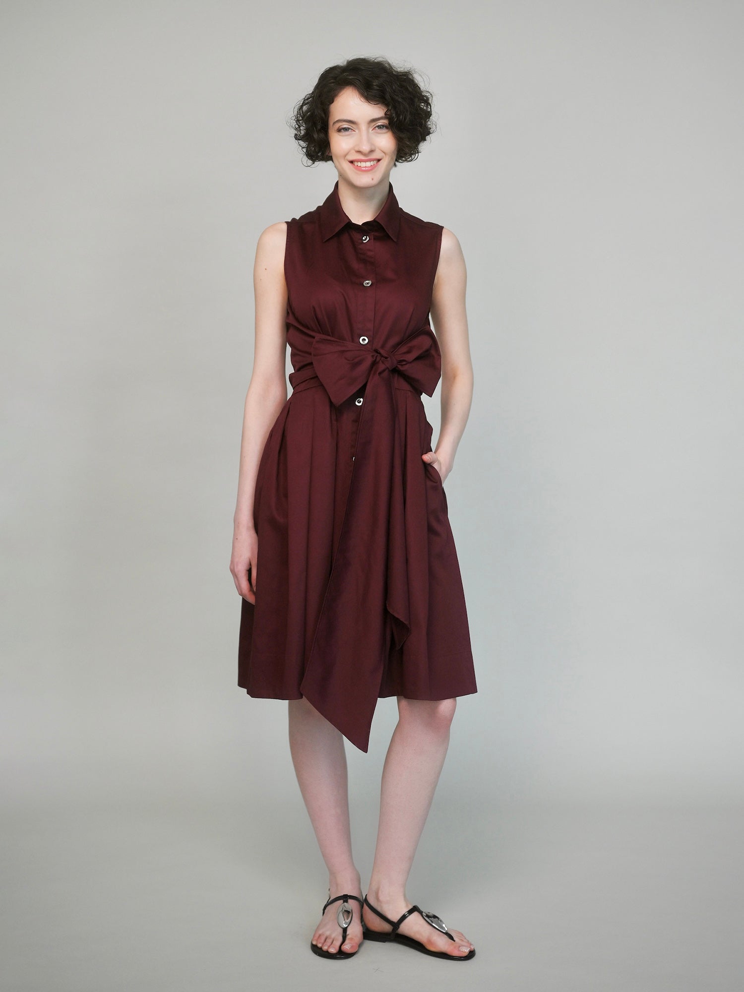 Clara Sleeveless Shirt Dress with Bow – Deep Burgundy