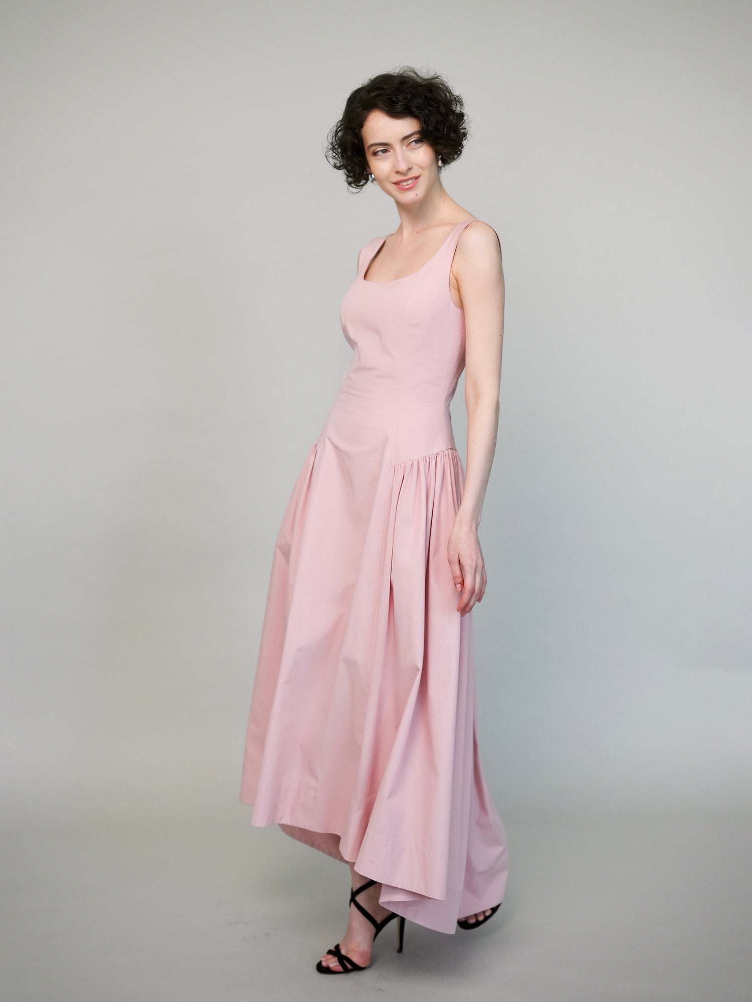 Powder rose cotton dress with asymmetrical hem